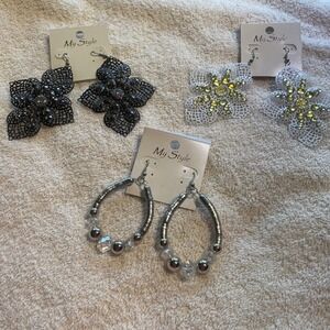 My Style Statement Earring Bundle 3 Pairs Floral Lace Filigree Silver Hoops NEW